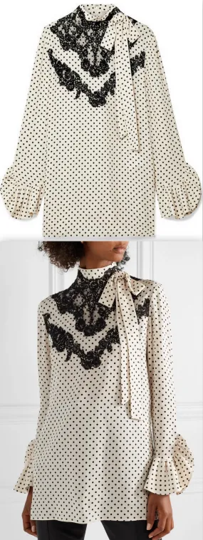 Lace-Trimmed Polka-Dot Silk-Georgette Blouse