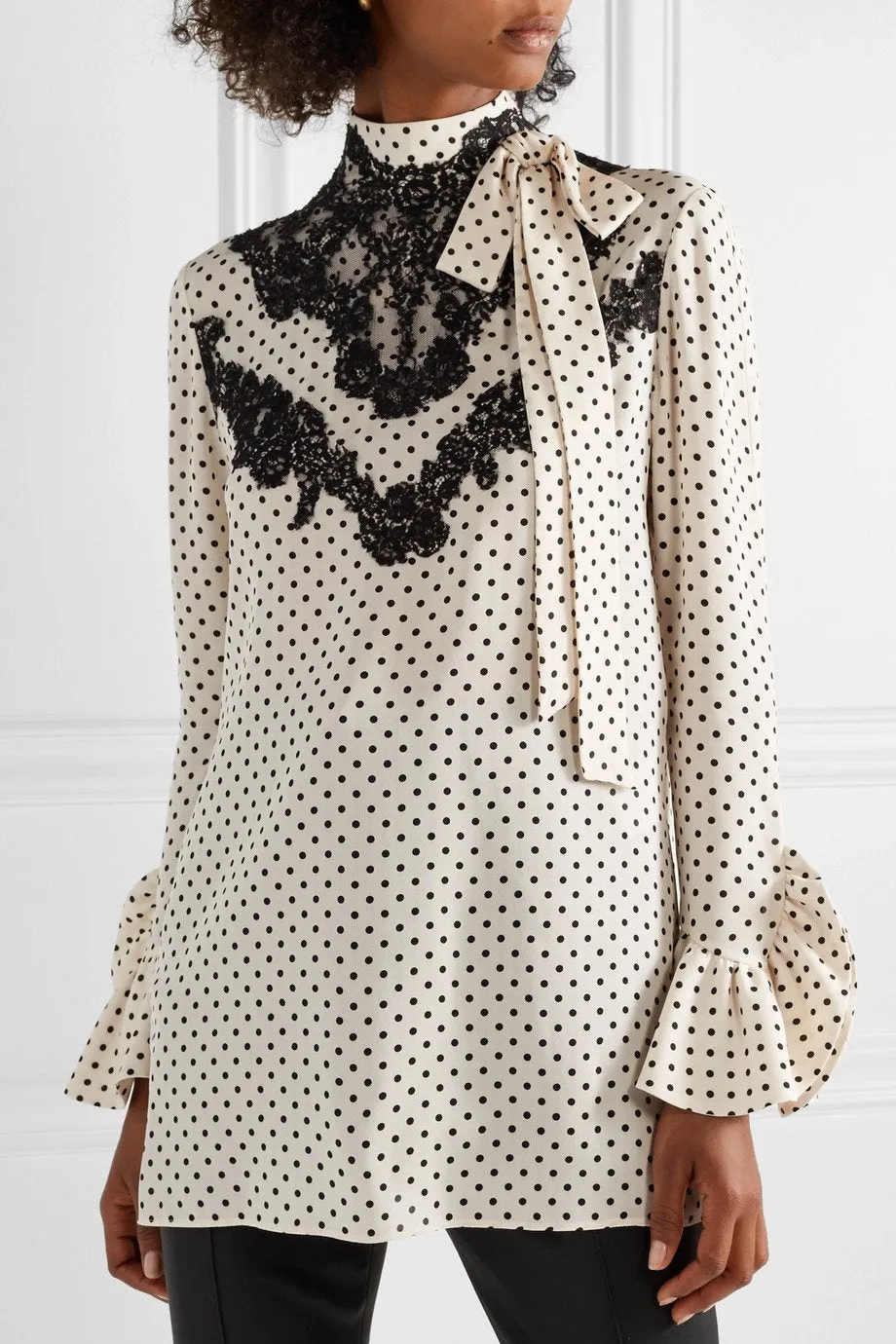 Lace-Trimmed Polka-Dot Silk-Georgette Blouse