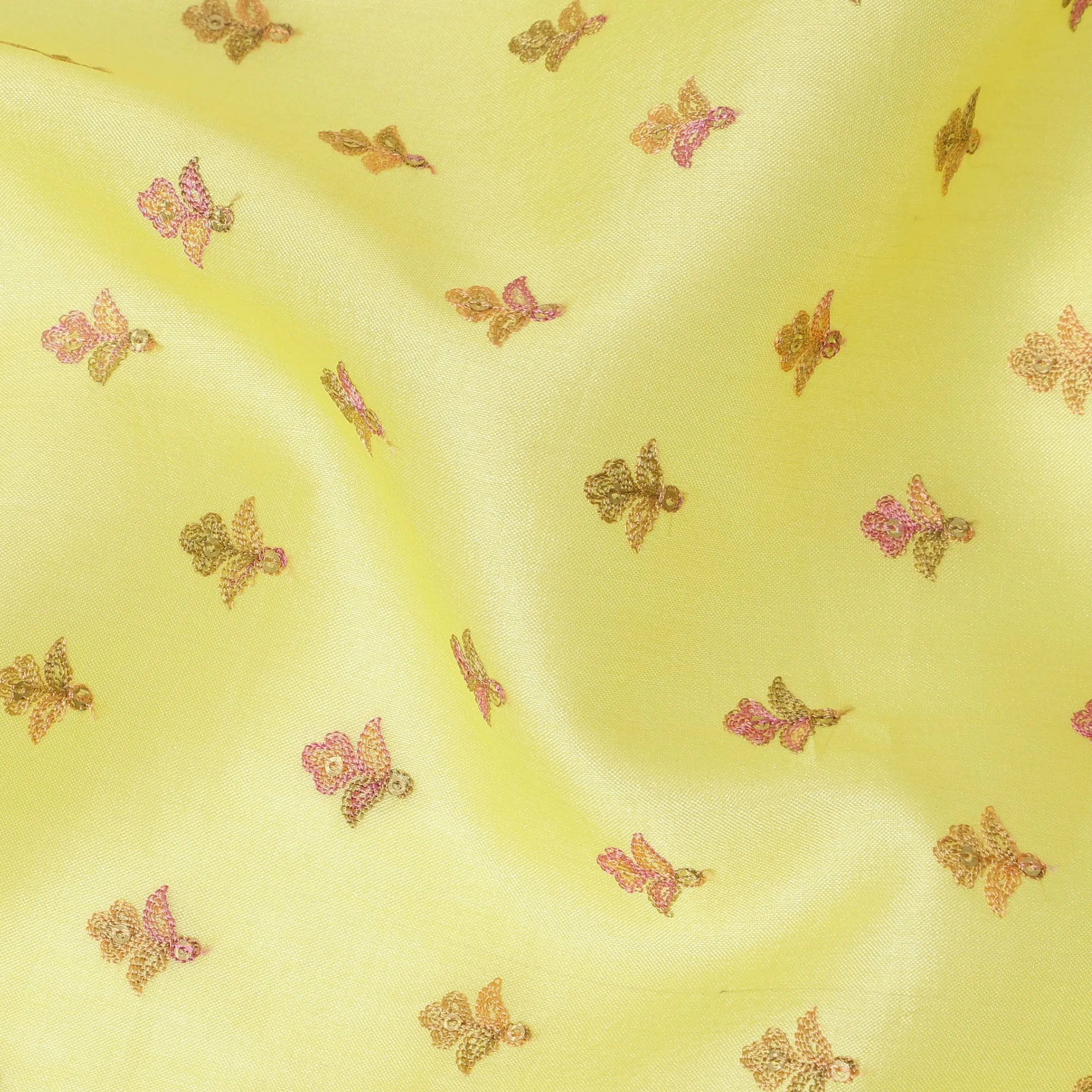 Lemon Yellow Pure Tussar Silk Fabric with Embroidery, 110 cm Width-D20697