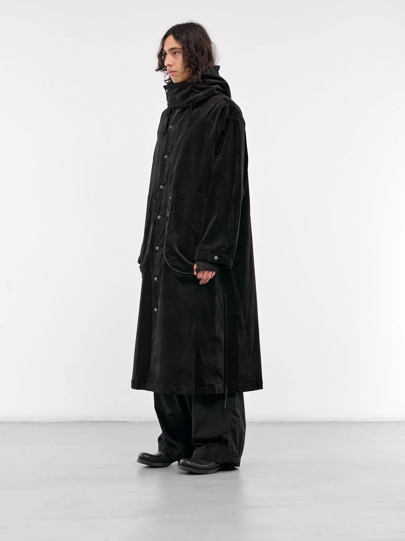 M-Velvet Hooded Long Coat (HO-C14-056-BLACK)