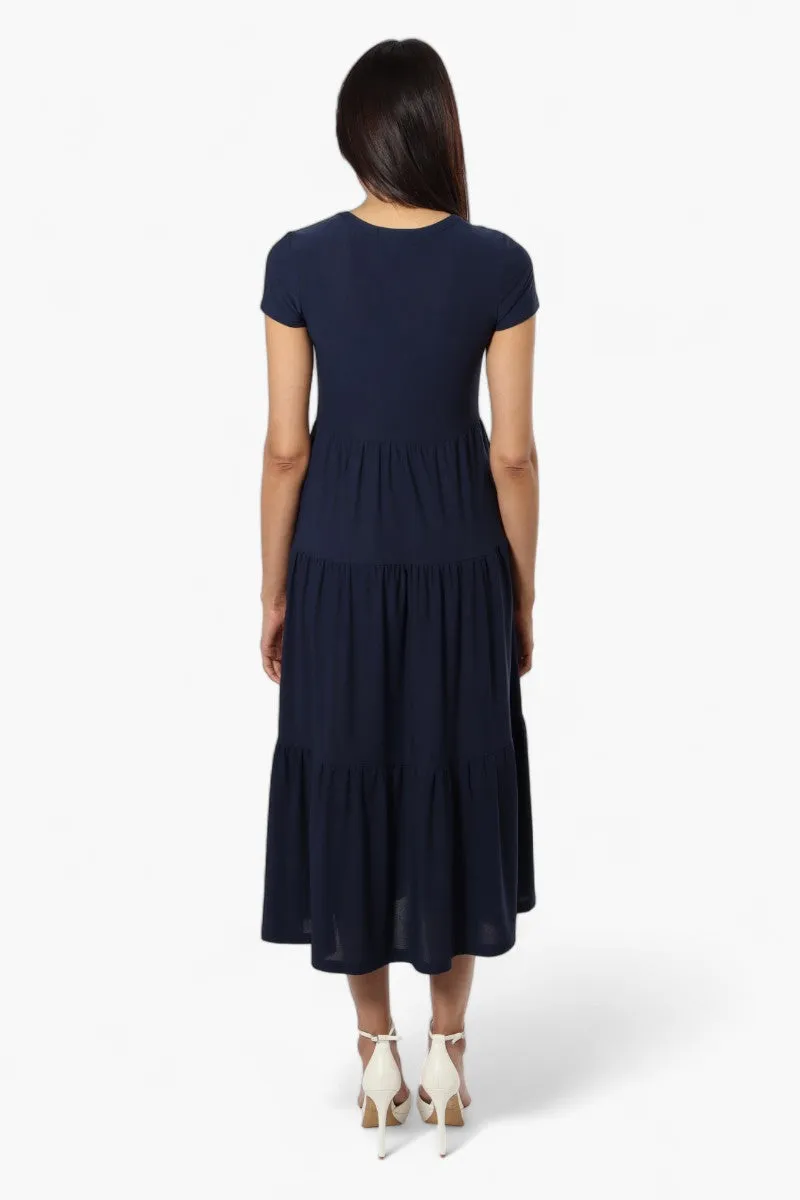 Majora Solid Cap Sleeve Tiered Maxi Dress - Navy