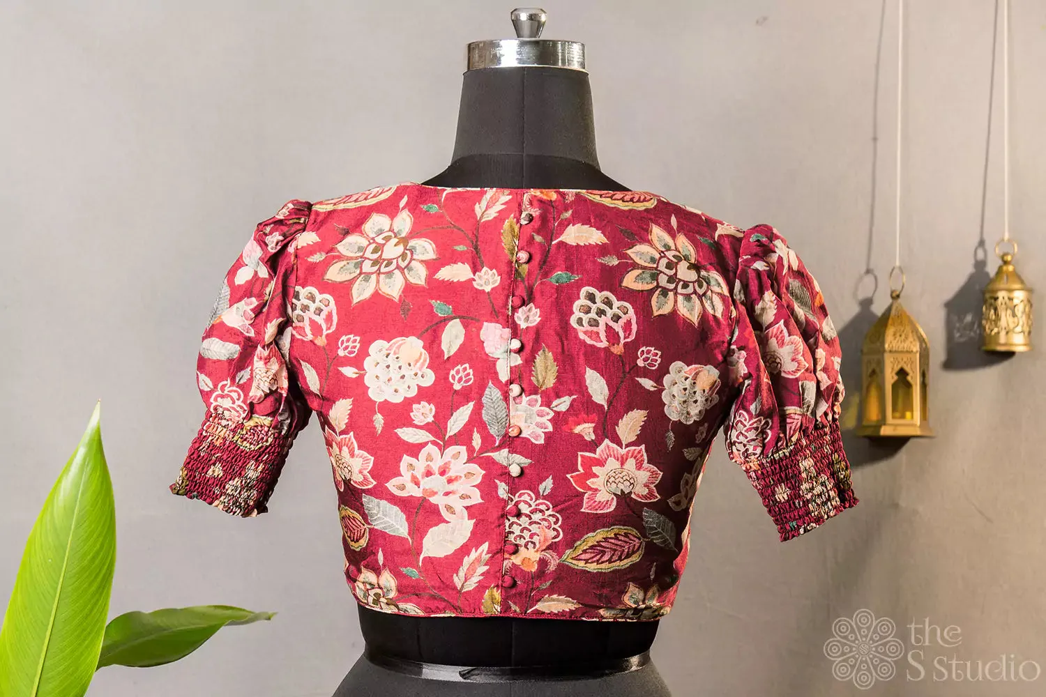 Maroon floral printed semi silk readymade blouse