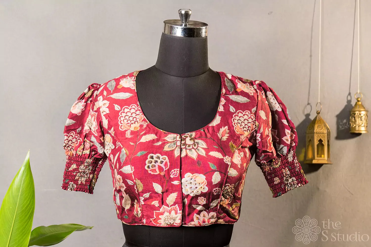 Maroon floral printed semi silk readymade blouse