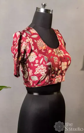 Maroon floral printed semi silk readymade blouse