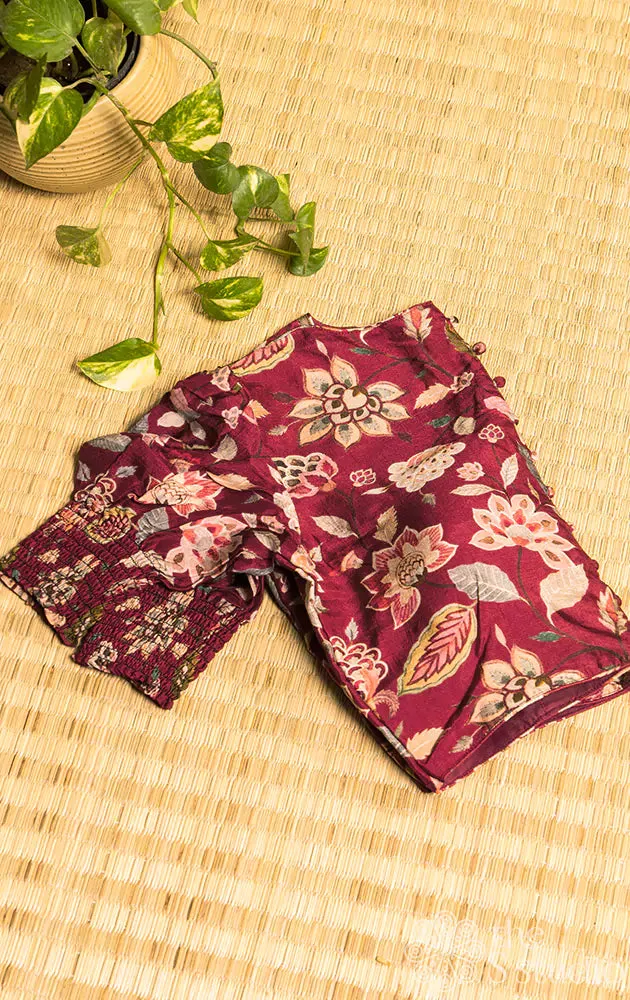 Maroon floral printed semi silk readymade blouse