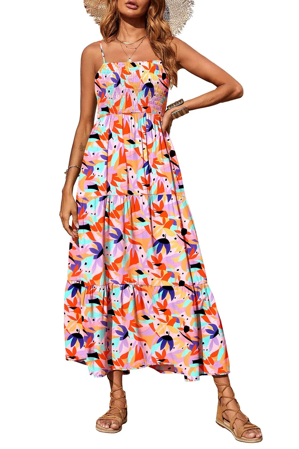 Maxi Dress for Women Spring Casual Spaghetti Strap Floral Sundress Flared Boho Flowy Wedding Guest Long Dresses