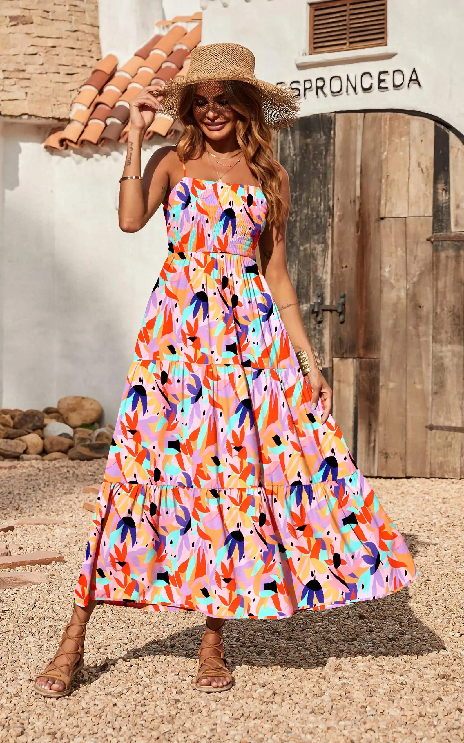 Maxi Dress for Women Spring Casual Spaghetti Strap Floral Sundress Flared Boho Flowy Wedding Guest Long Dresses