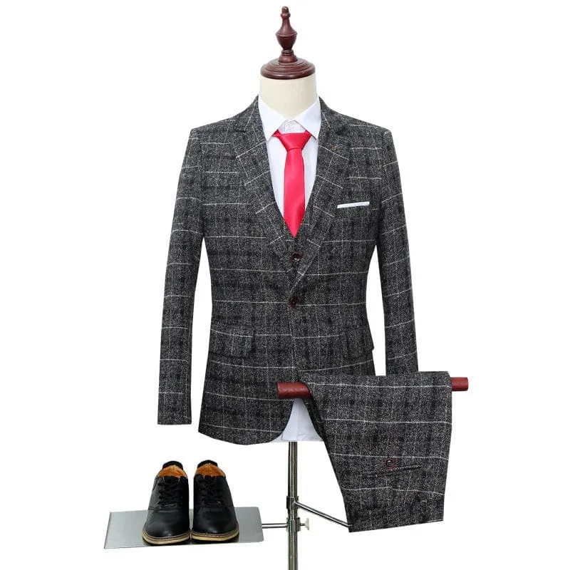 Men's Three-piece Slim-fitting English Style Checked Suit in Plaid Tweed