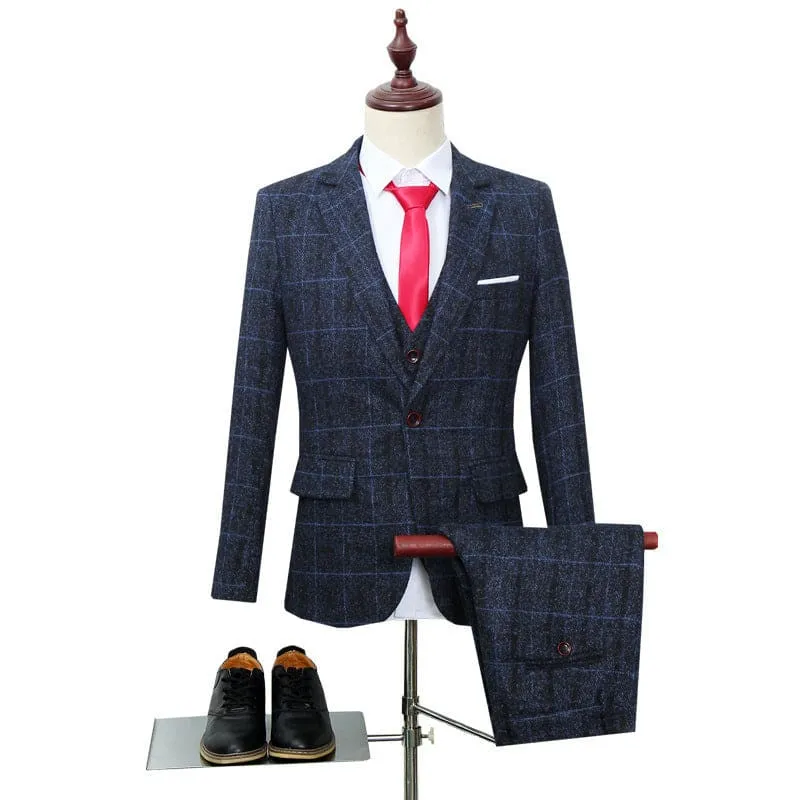 Men's Three-piece Slim-fitting English Style Checked Suit in Plaid Tweed