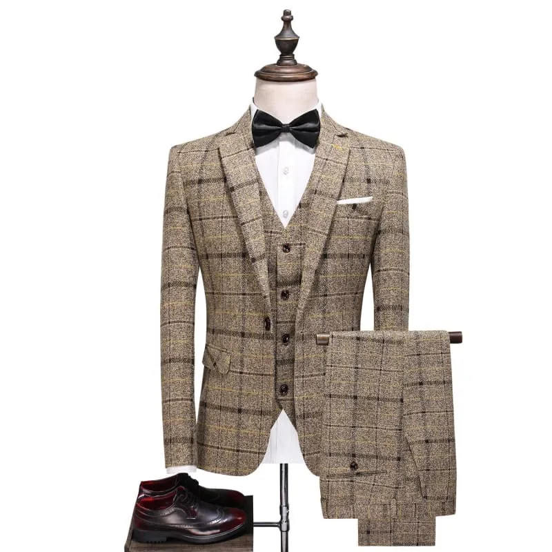 Men's Three-piece Slim-fitting English Style Checked Suit in Plaid Tweed