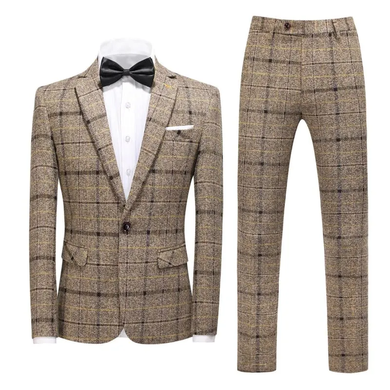 Men's Three-piece Slim-fitting English Style Checked Suit in Plaid Tweed