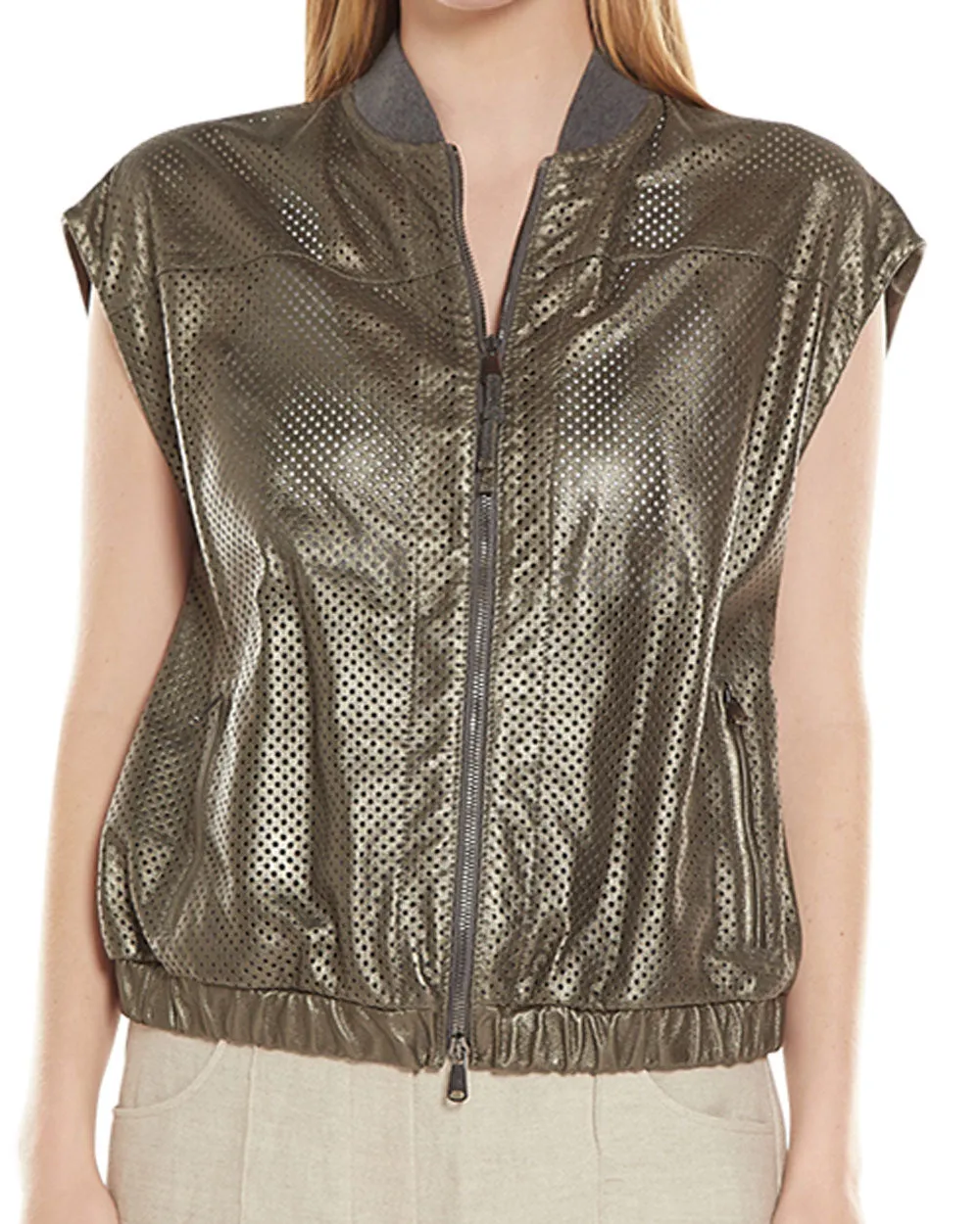 Military Metallic Leather Cap Sleeve Zip Bomber Jacket