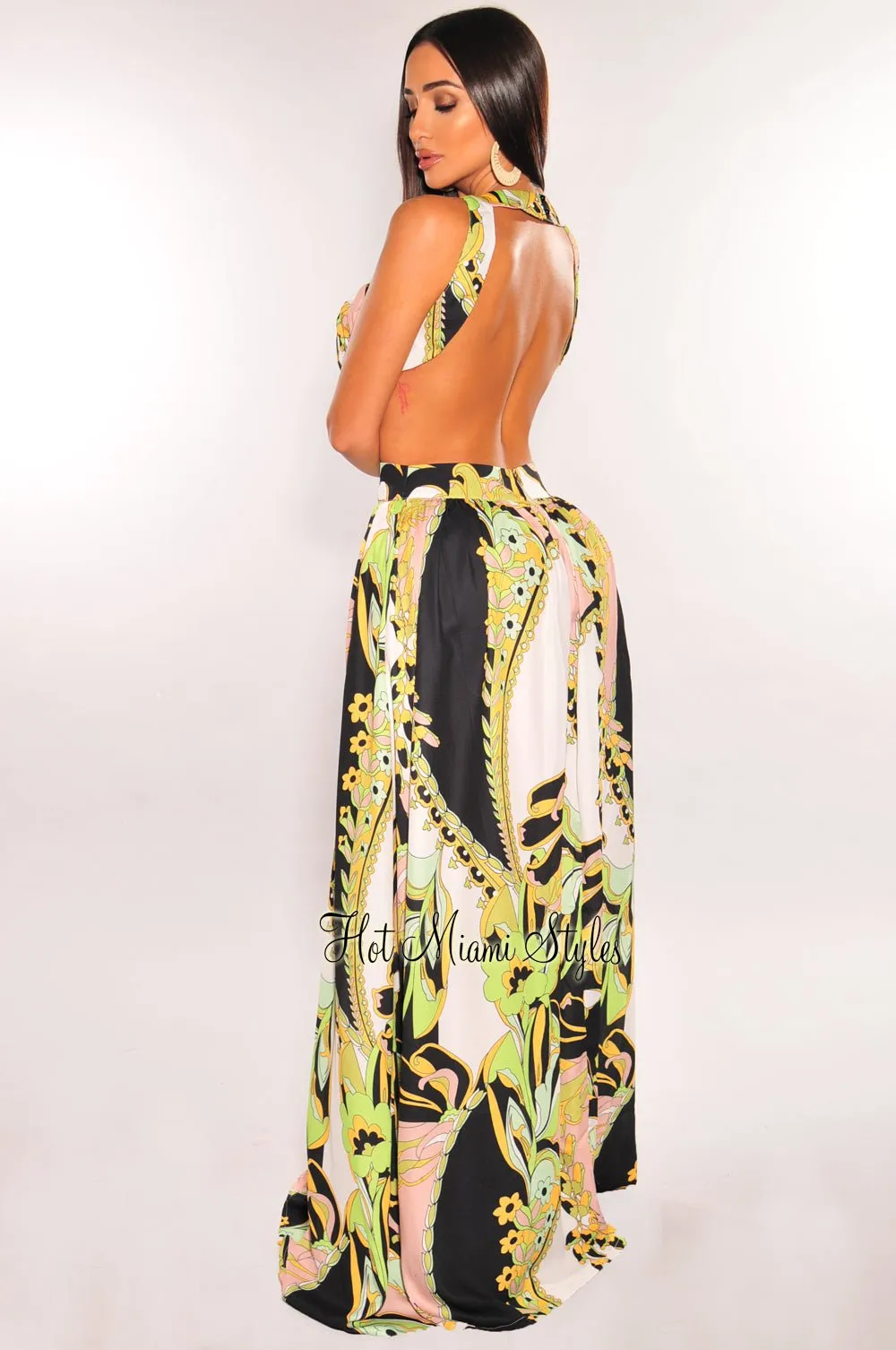 Multi Color Print Halter Padded Cut Out Open Back Maxi Dress