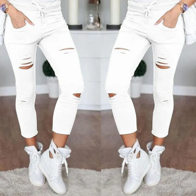 New 2018 Skinny Jeans Women Denim Pants Holes Destroyed Knee Pencil Pants Casual Trousers Black White Stretch Ripped Jeans