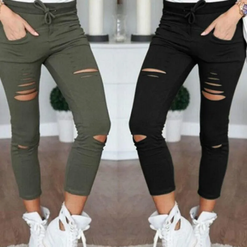 New 2018 Skinny Jeans Women Denim Pants Holes Destroyed Knee Pencil Pants Casual Trousers Black White Stretch Ripped Jeans