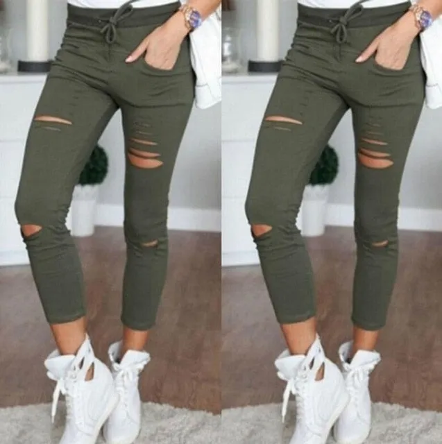 New 2018 Skinny Jeans Women Denim Pants Holes Destroyed Knee Pencil Pants Casual Trousers Black White Stretch Ripped Jeans