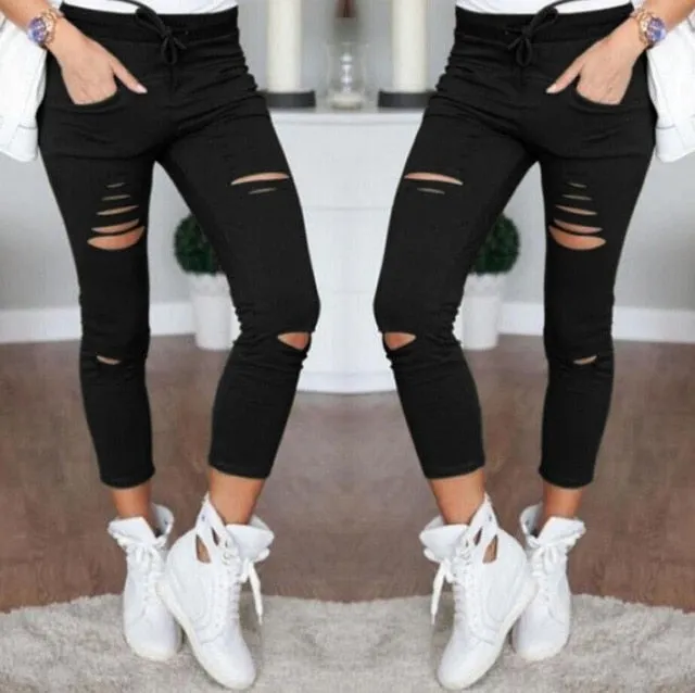 New 2018 Skinny Jeans Women Denim Pants Holes Destroyed Knee Pencil Pants Casual Trousers Black White Stretch Ripped Jeans