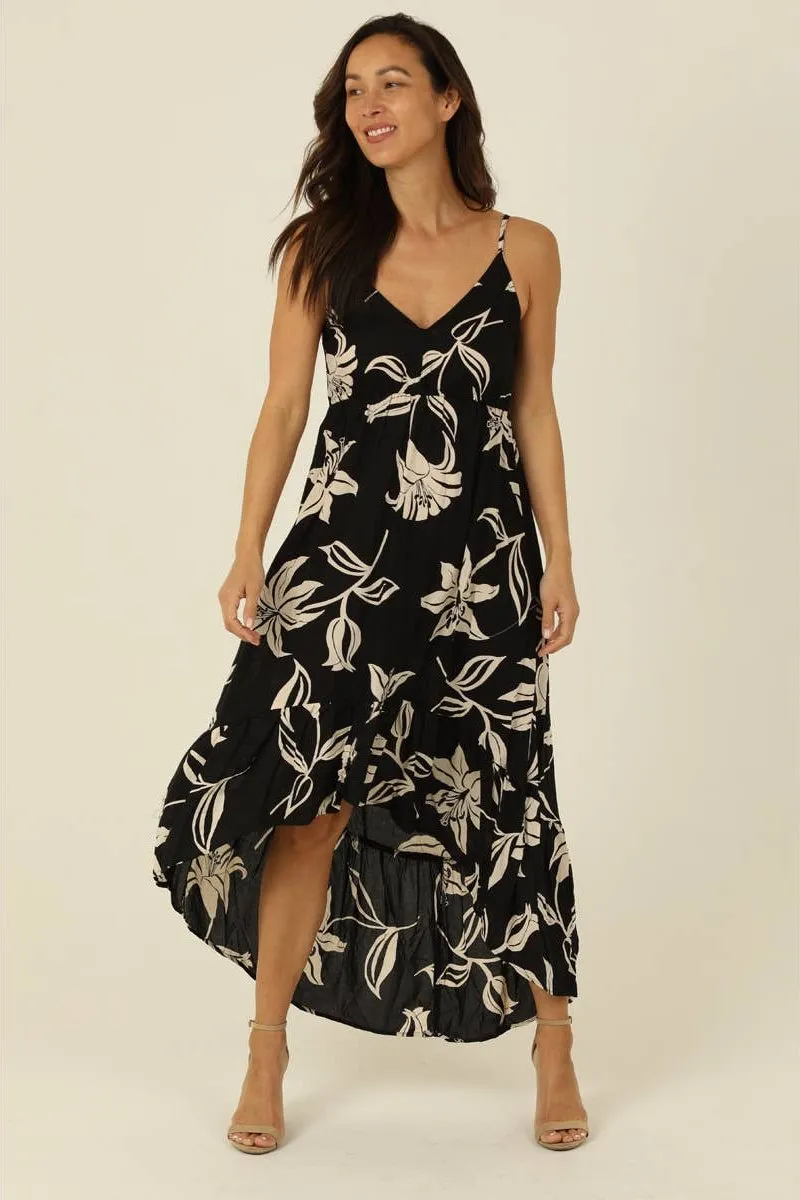 Nostalgia Ivory Flowers Hi Lo Hem Printed Maxi Dress