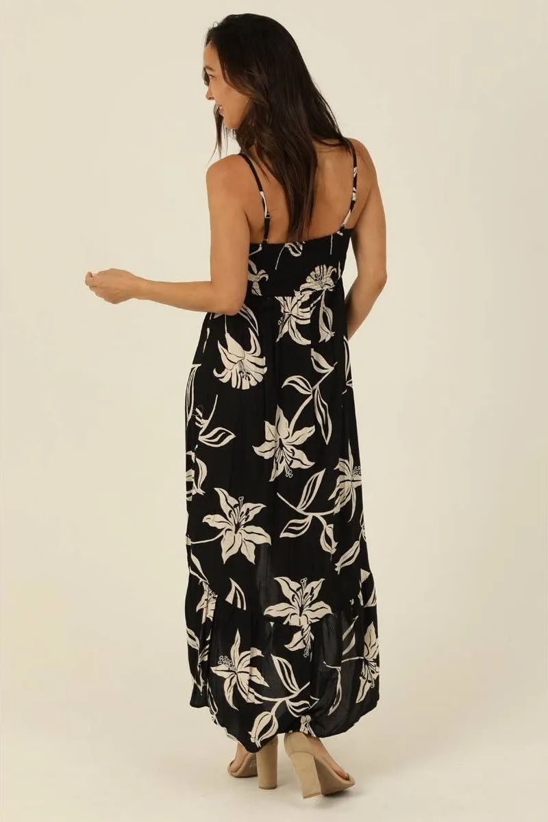 Nostalgia Ivory Flowers Hi Lo Hem Printed Maxi Dress