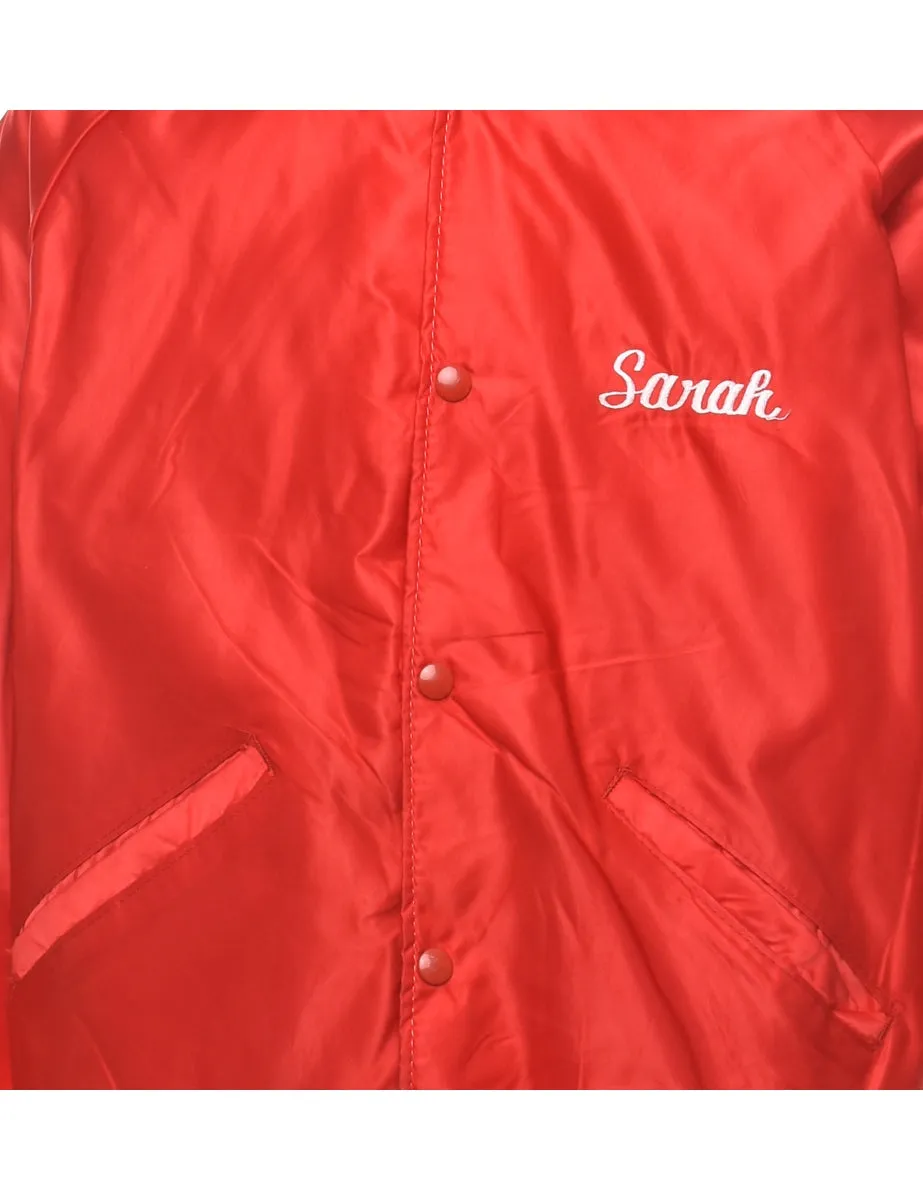 Red & White Embroidered 1985 Zip-Front Bomber Jacket - M