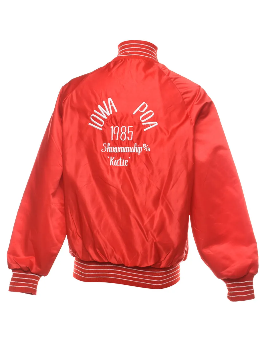 Red & White Embroidered 1985 Zip-Front Bomber Jacket - M