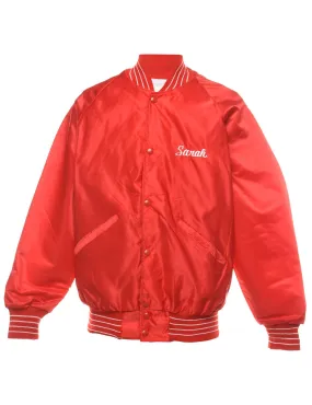 Red & White Embroidered 1985 Zip-Front Bomber Jacket - M