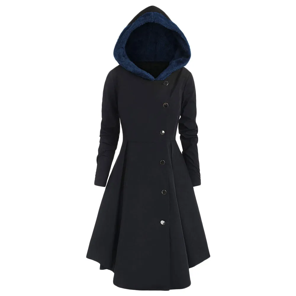 ROSEGAL Plus Size Asymmetric Contrast Hooded Skirted Coat