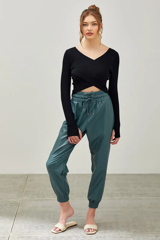 Sammy teal smocked waist pu pleather jogger pants