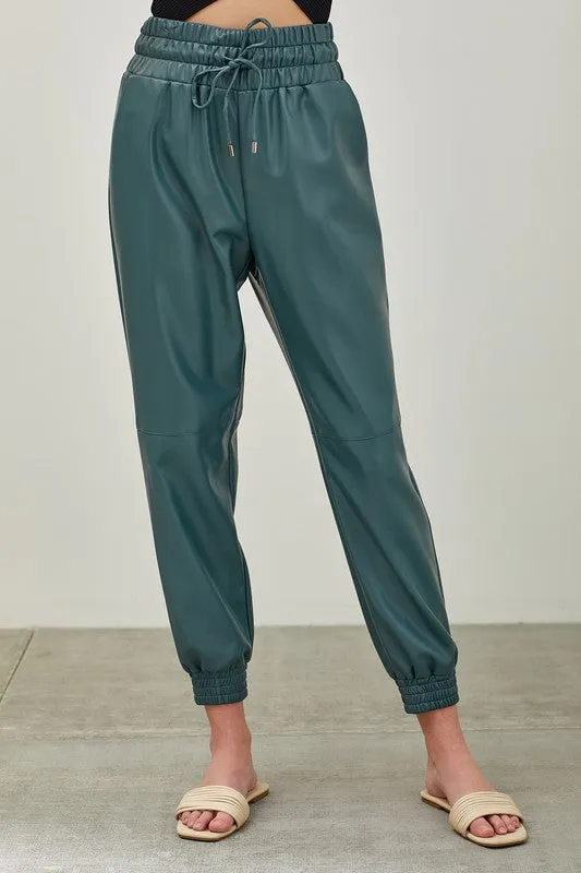 Sammy teal smocked waist pu pleather jogger pants