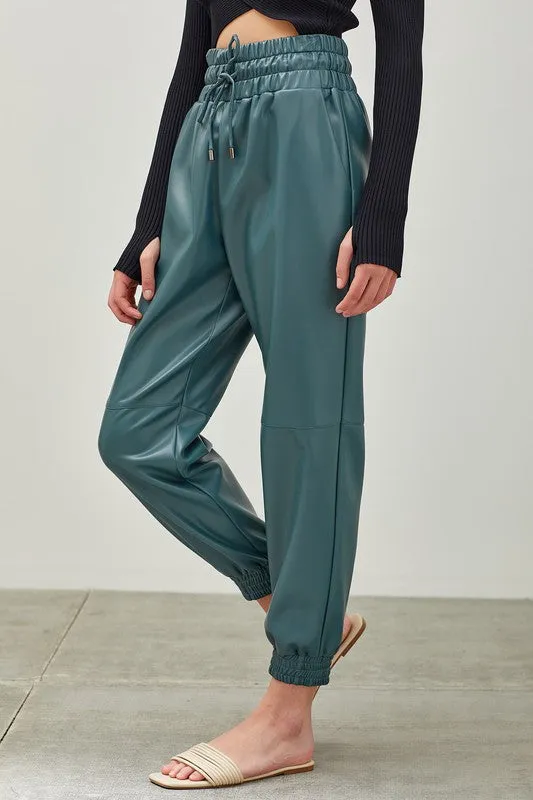 Sammy teal smocked waist pu pleather jogger pants