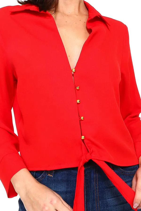 Solid Button Down Tie Front Blouse