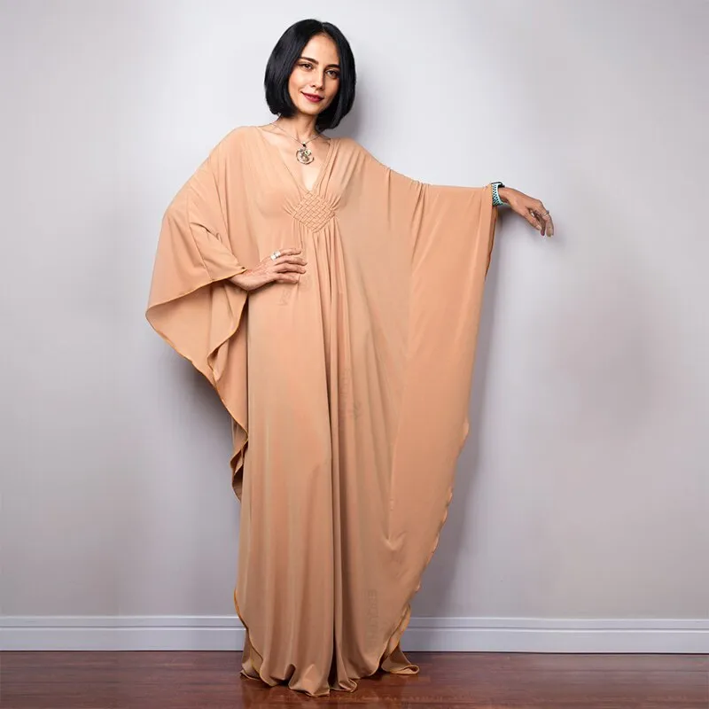 Solid V-Neck Batwing Sleeve Plus Size Loose Maxi Dress For Women Summer Beach Wear Kaftan Long Bathing Dresses Q1306