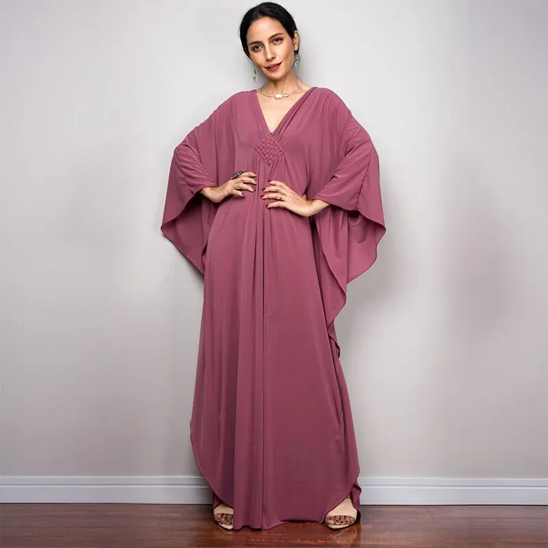 Solid V-Neck Batwing Sleeve Plus Size Loose Maxi Dress For Women Summer Beach Wear Kaftan Long Bathing Dresses Q1306