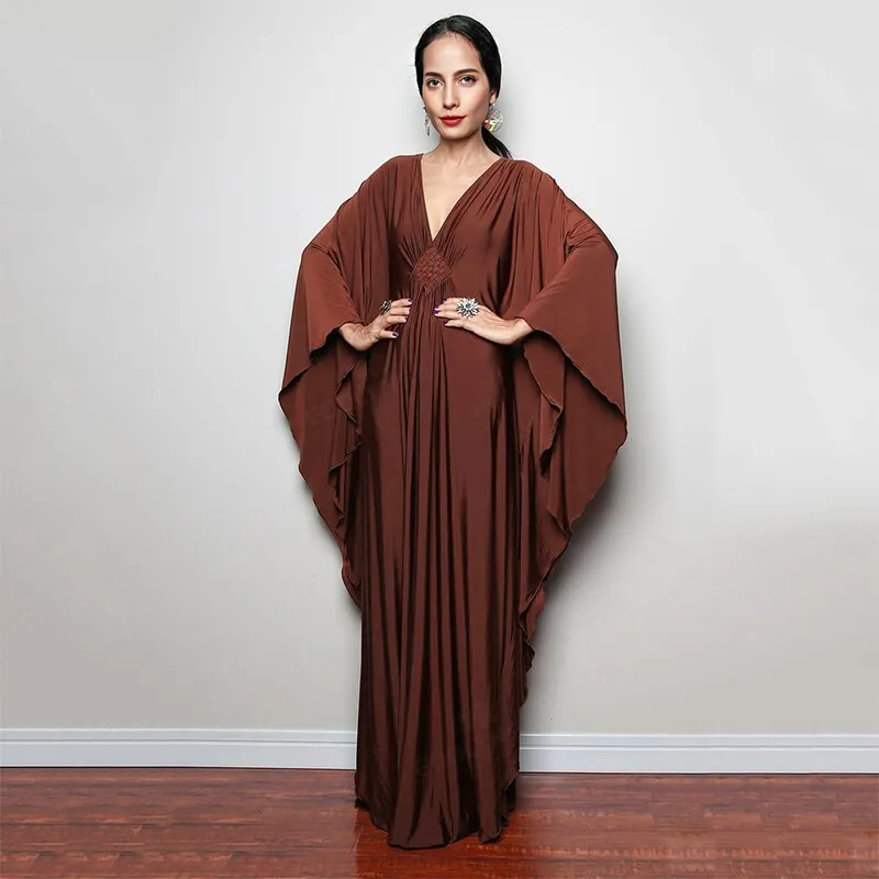 Solid V-Neck Batwing Sleeve Plus Size Loose Maxi Dress For Women Summer Beach Wear Kaftan Long Bathing Dresses Q1306