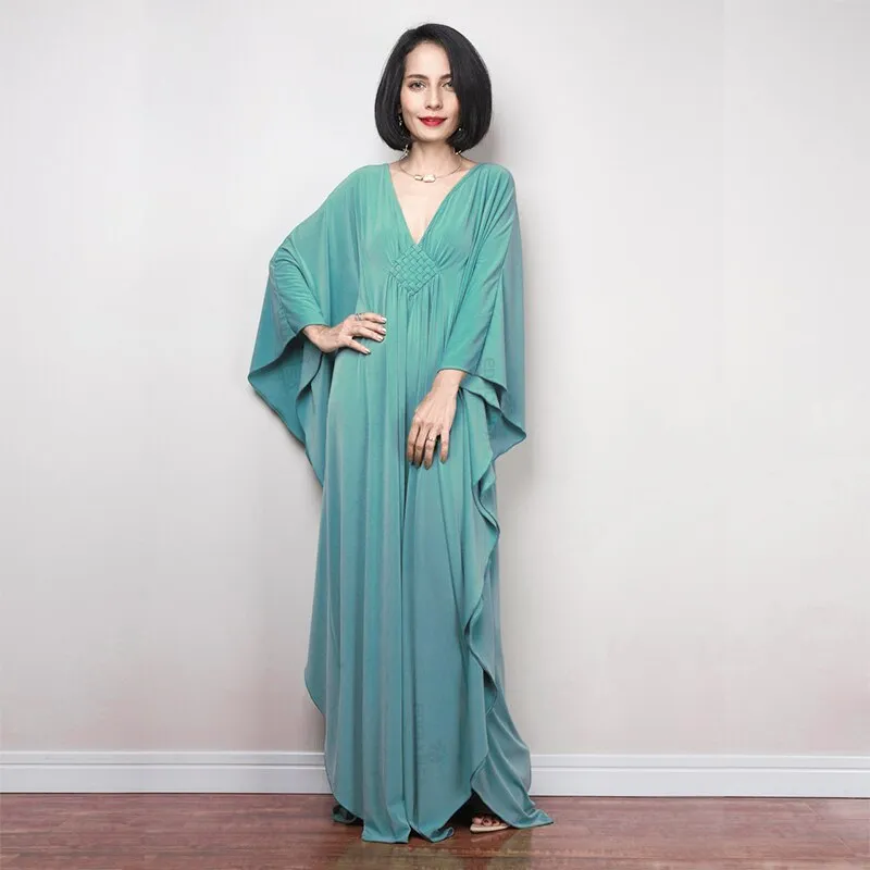 Solid V-Neck Batwing Sleeve Plus Size Loose Maxi Dress For Women Summer Beach Wear Kaftan Long Bathing Dresses Q1306