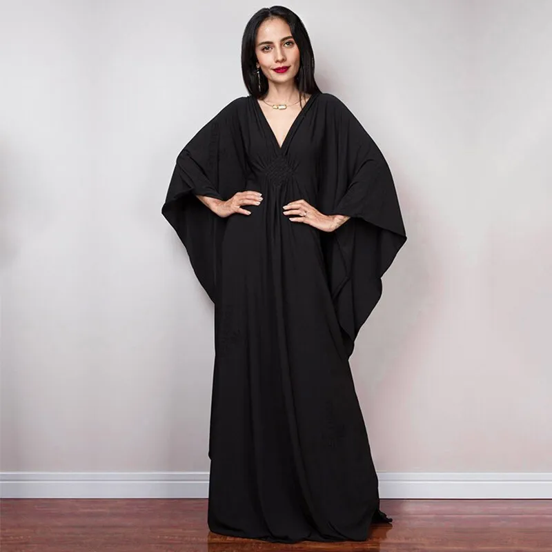 Solid V-Neck Batwing Sleeve Plus Size Loose Maxi Dress For Women Summer Beach Wear Kaftan Long Bathing Dresses Q1306