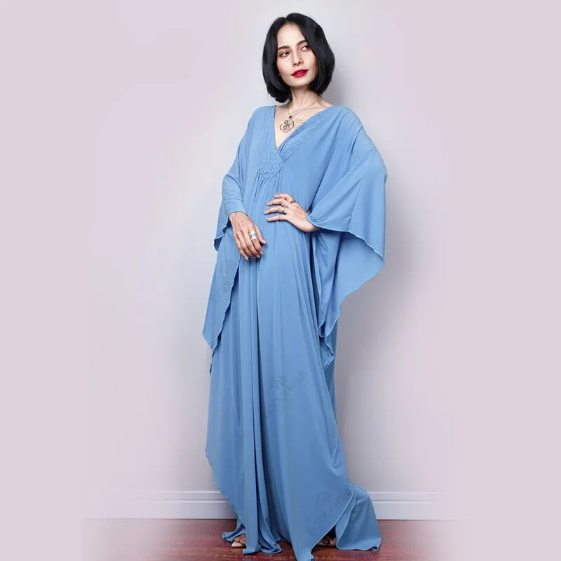 Solid V-Neck Batwing Sleeve Plus Size Loose Maxi Dress For Women Summer Beach Wear Kaftan Long Bathing Dresses Q1306