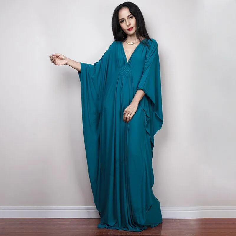 Solid V-Neck Batwing Sleeve Plus Size Loose Maxi Dress For Women Summer Beach Wear Kaftan Long Bathing Dresses Q1306