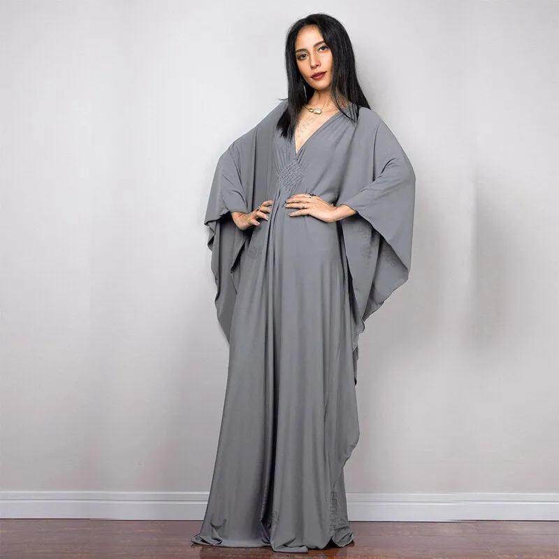 Solid V-Neck Batwing Sleeve Plus Size Loose Maxi Dress For Women Summer Beach Wear Kaftan Long Bathing Dresses Q1306