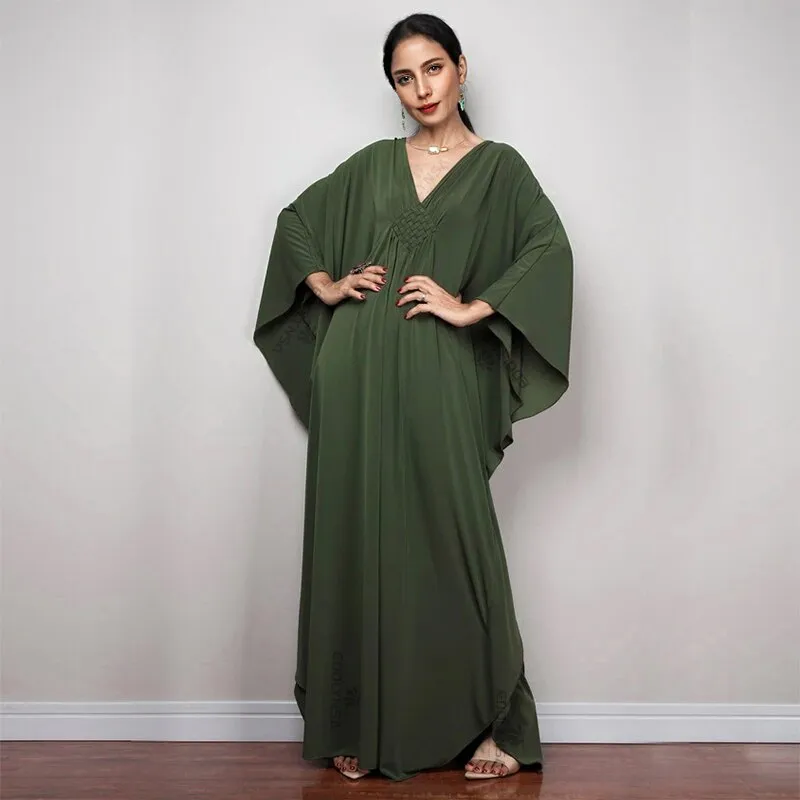 Solid V-Neck Batwing Sleeve Plus Size Loose Maxi Dress For Women Summer Beach Wear Kaftan Long Bathing Dresses Q1306