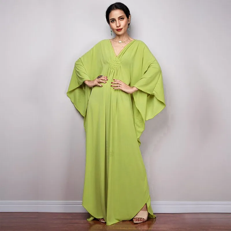 Solid V-Neck Batwing Sleeve Plus Size Loose Maxi Dress For Women Summer Beach Wear Kaftan Long Bathing Dresses Q1306