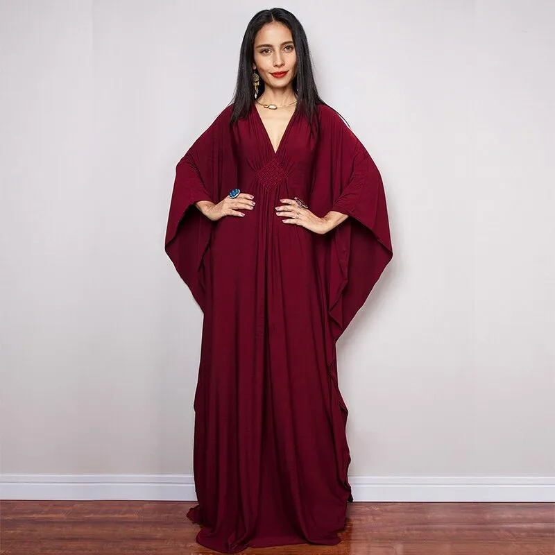 Solid V-Neck Batwing Sleeve Plus Size Loose Maxi Dress For Women Summer Beach Wear Kaftan Long Bathing Dresses Q1306