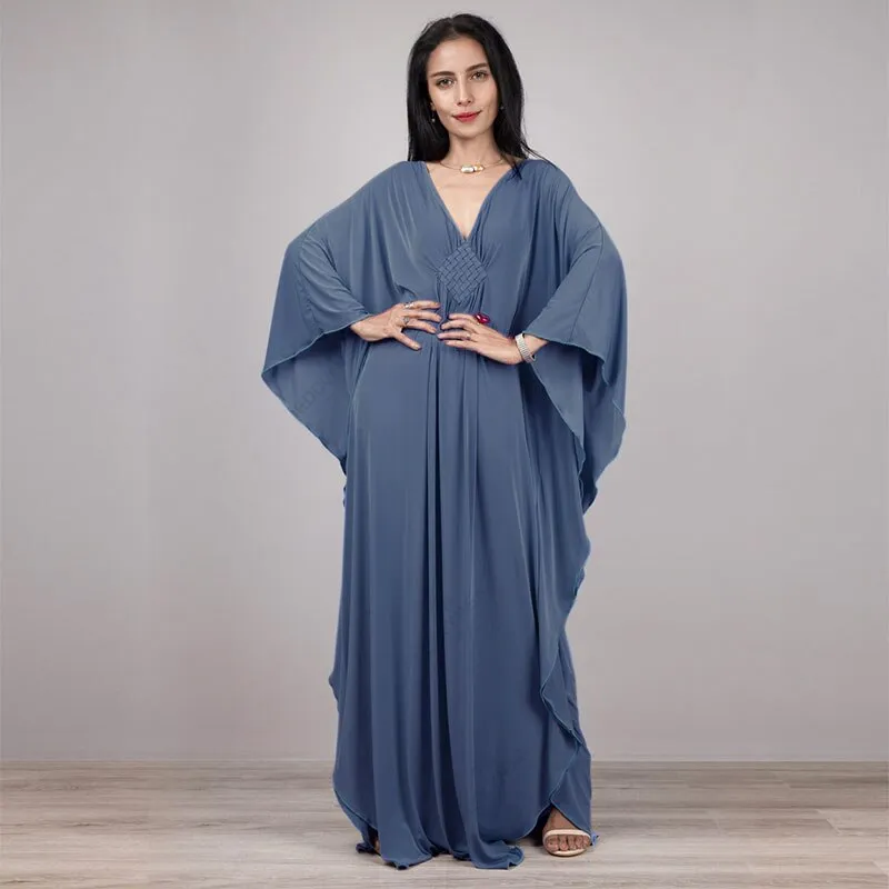 Solid V-Neck Batwing Sleeve Plus Size Loose Maxi Dress For Women Summer Beach Wear Kaftan Long Bathing Dresses Q1306