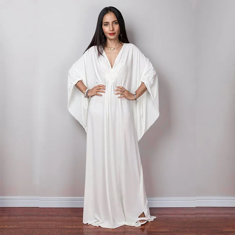 Solid V-Neck Batwing Sleeve Plus Size Loose Maxi Dress For Women Summer Beach Wear Kaftan Long Bathing Dresses Q1306