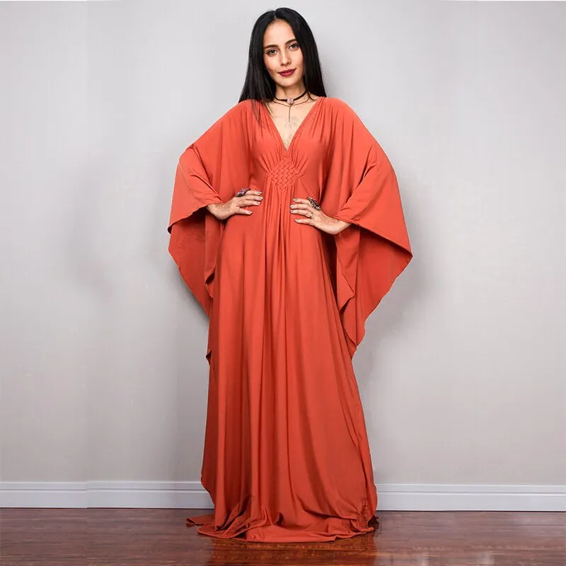 Solid V-Neck Batwing Sleeve Plus Size Loose Maxi Dress For Women Summer Beach Wear Kaftan Long Bathing Dresses Q1306