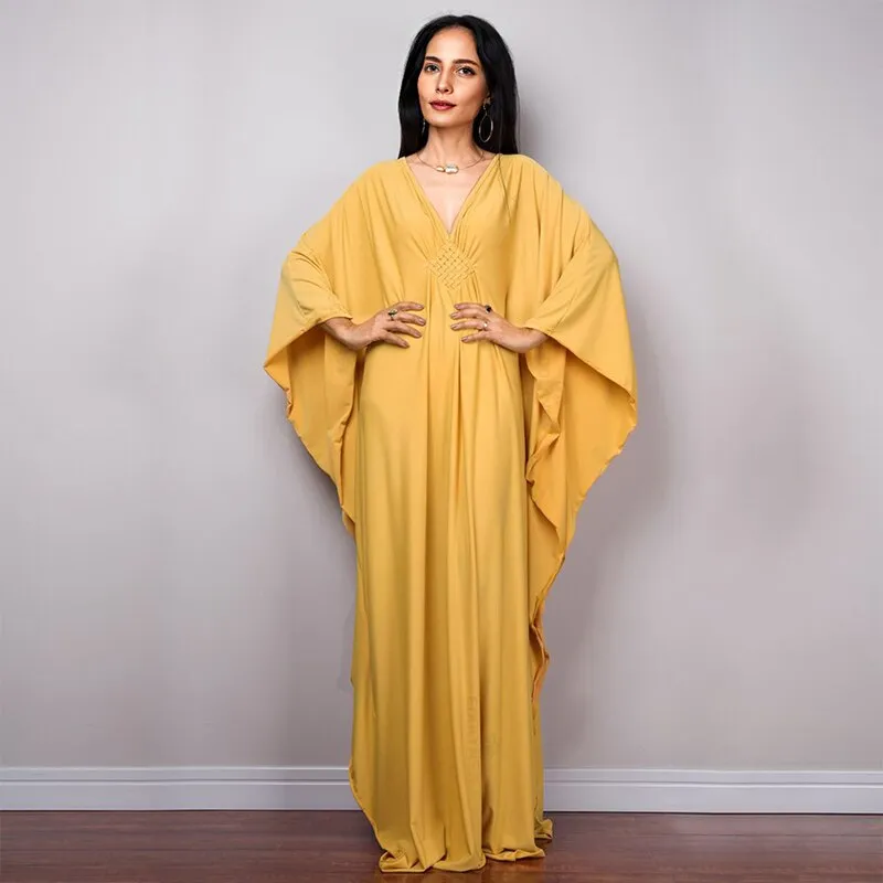 Solid V-Neck Batwing Sleeve Plus Size Loose Maxi Dress For Women Summer Beach Wear Kaftan Long Bathing Dresses Q1306