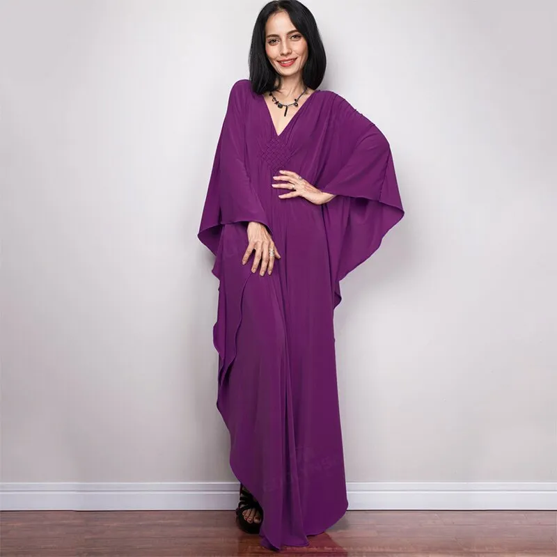 Solid V-Neck Batwing Sleeve Plus Size Loose Maxi Dress For Women Summer Beach Wear Kaftan Long Bathing Dresses Q1306