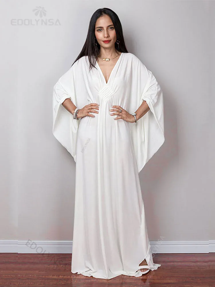 Solid V-Neck Batwing Sleeve Plus Size Loose Maxi Dress For Women Summer Beach Wear Kaftan Long Bathing Dresses Q1306