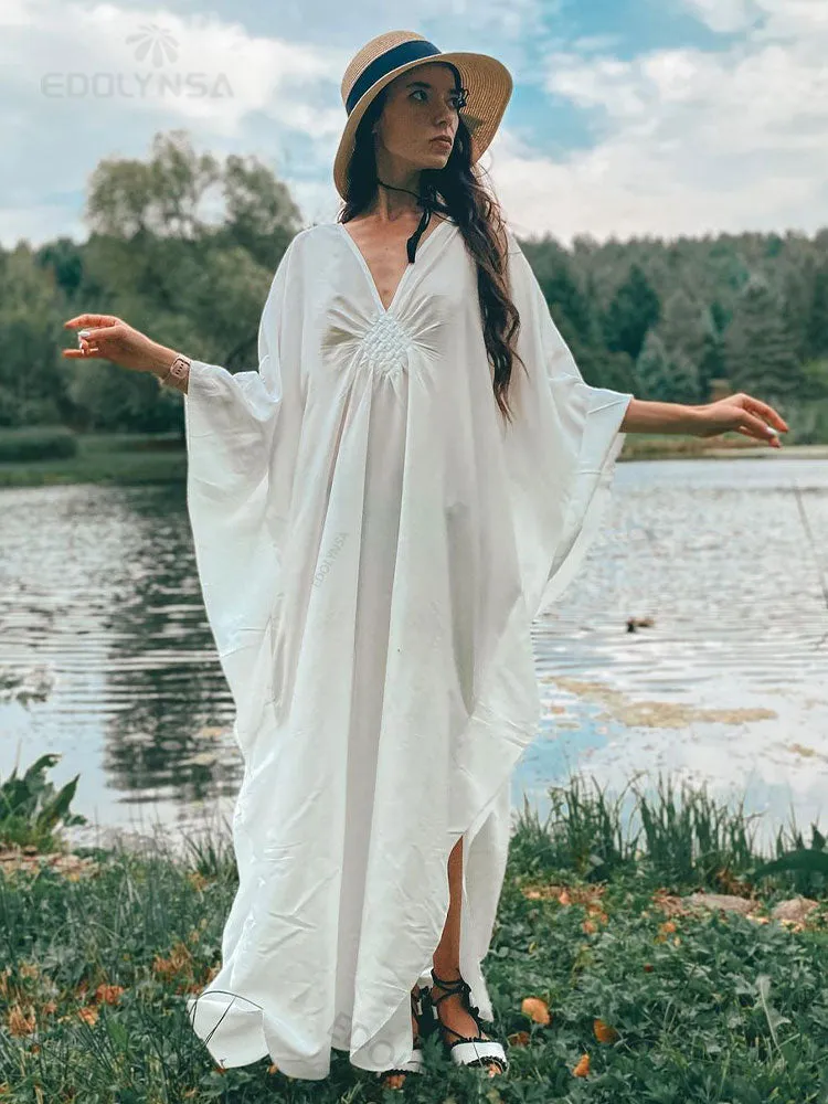 Solid V-Neck Batwing Sleeve Plus Size Loose Maxi Dress For Women Summer Beach Wear Kaftan Long Bathing Dresses Q1306