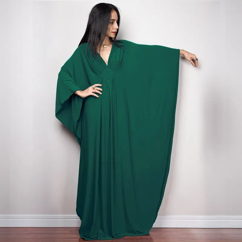 Solid V-Neck Batwing Sleeve Plus Size Loose Maxi Dress For Women Summer Beach Wear Kaftan Long Bathing Dresses Q1306